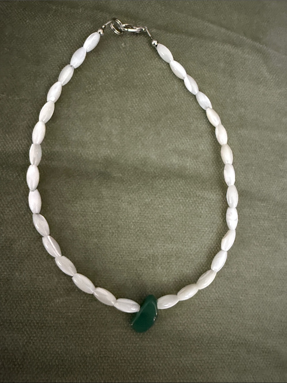 Sterling-Inspired White Bead Ankle Bracelet with Green Accent